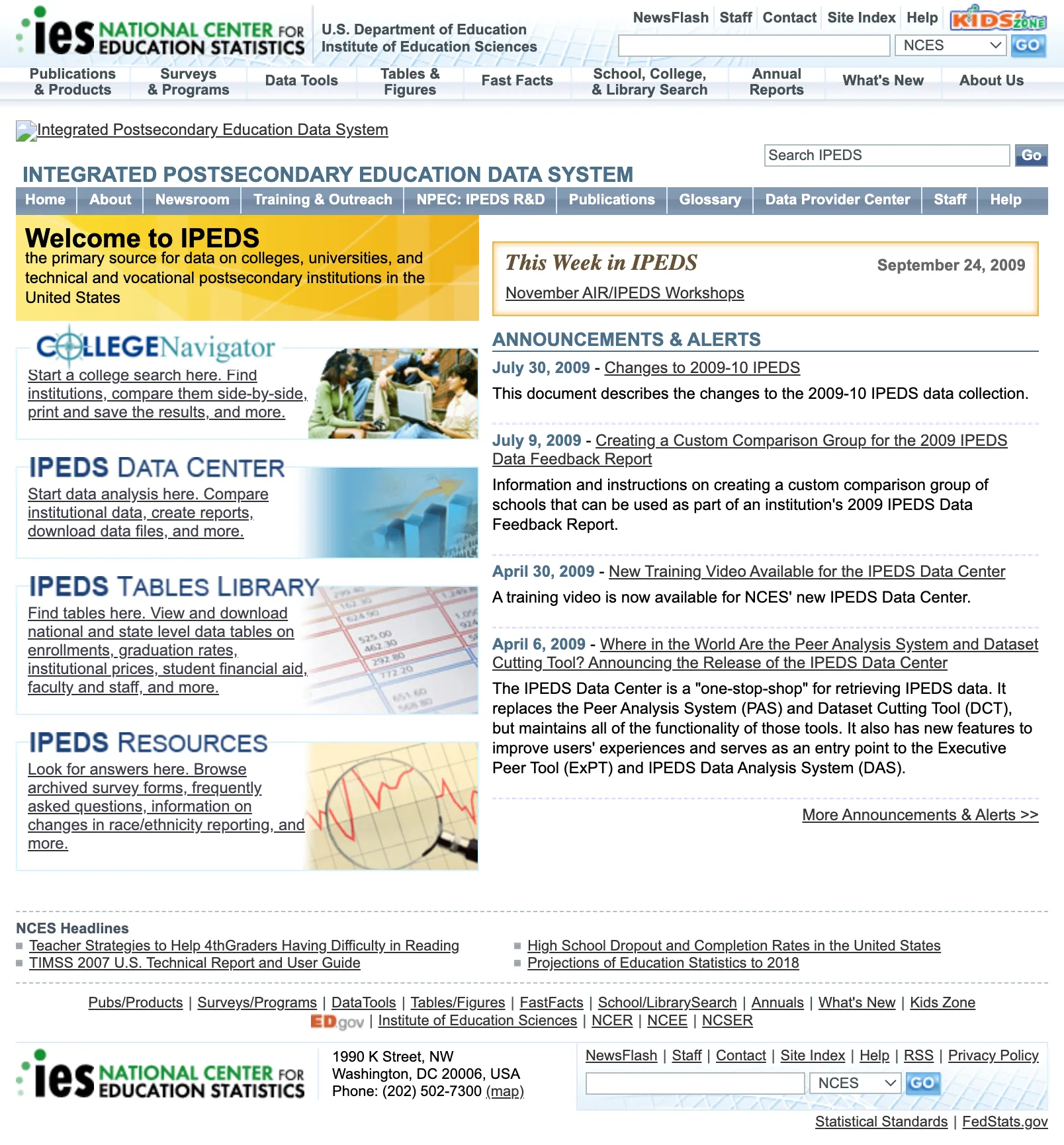 Captura de http://nces.ed.gov/ipeds del 1 de octubre de 2009