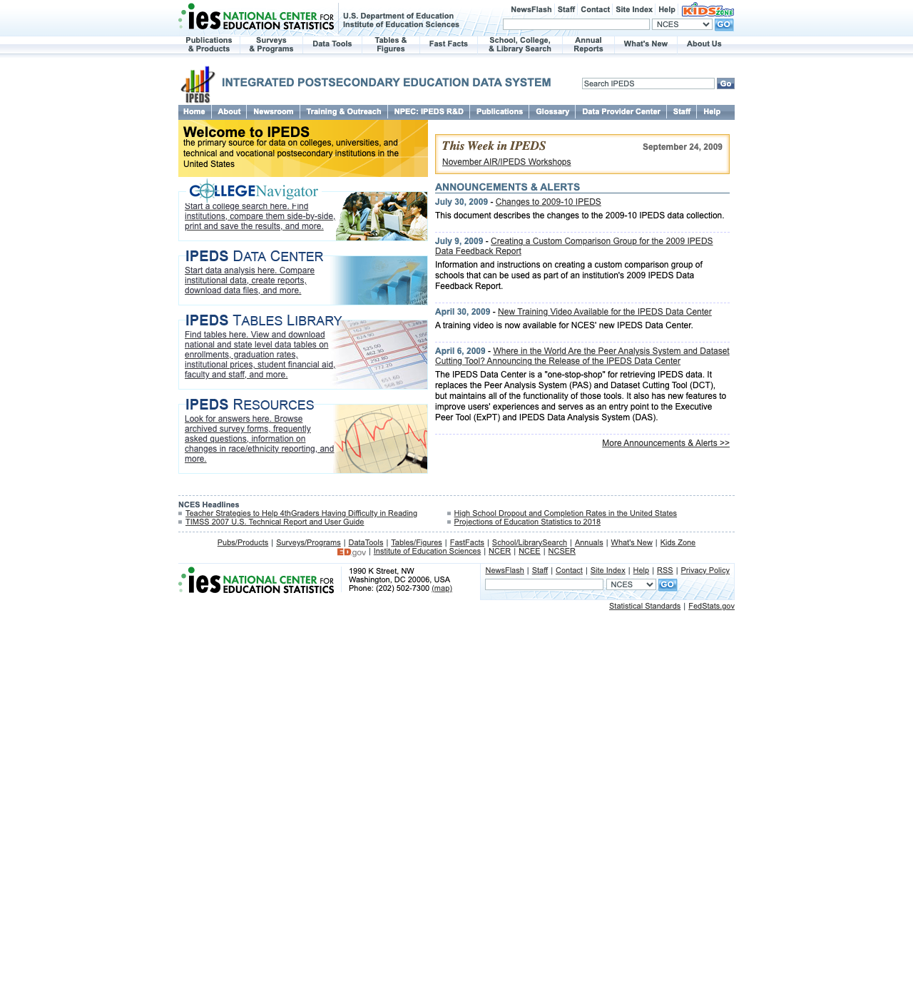 Captura de http://nces.ed.gov/ipeds del 1 de octubre de 2009