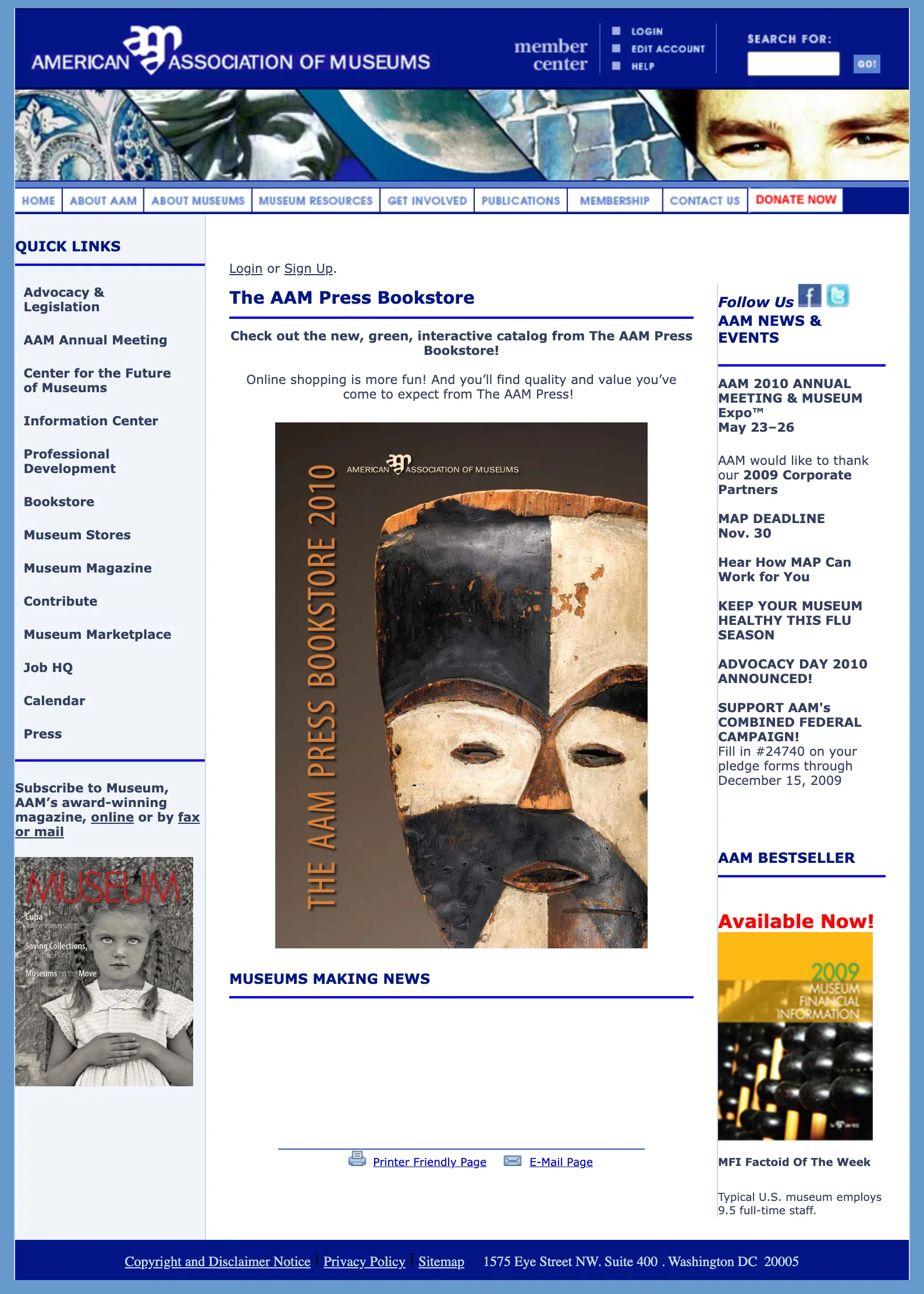 Captura de American Association of Museums - AAM del 29 de noviembre de 2009