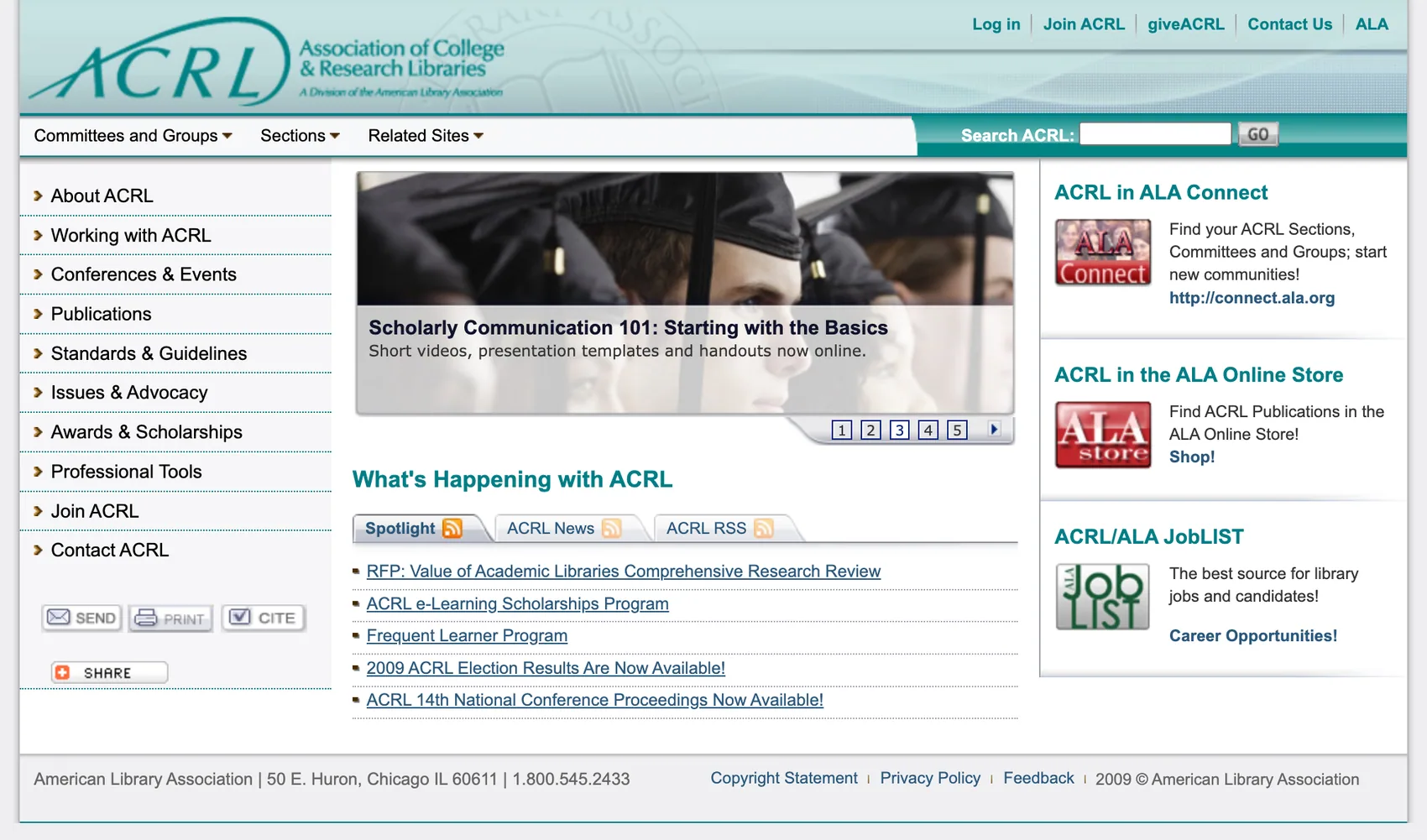 Captura de Association of Collegiate and Research Libraries - ACRL del 2 de octubre de 2009