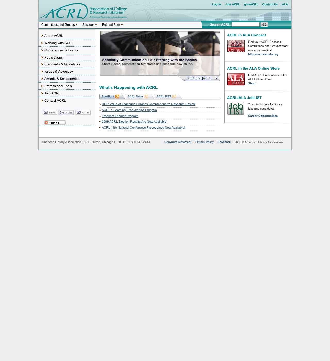 Captura de Association of Collegiate and Research Libraries - ACRL del 2 de octubre de 2009
