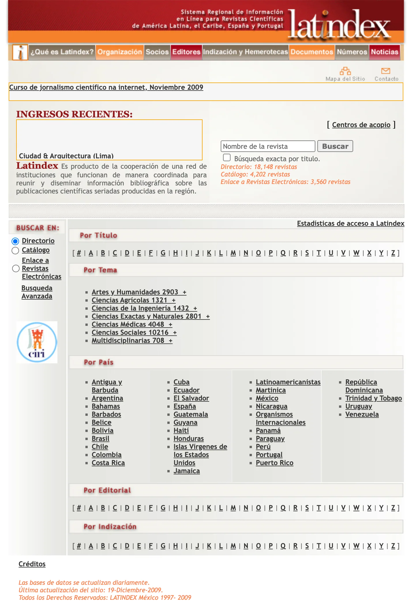 Captura de LATINDEX del 20 de diciembre de 2009