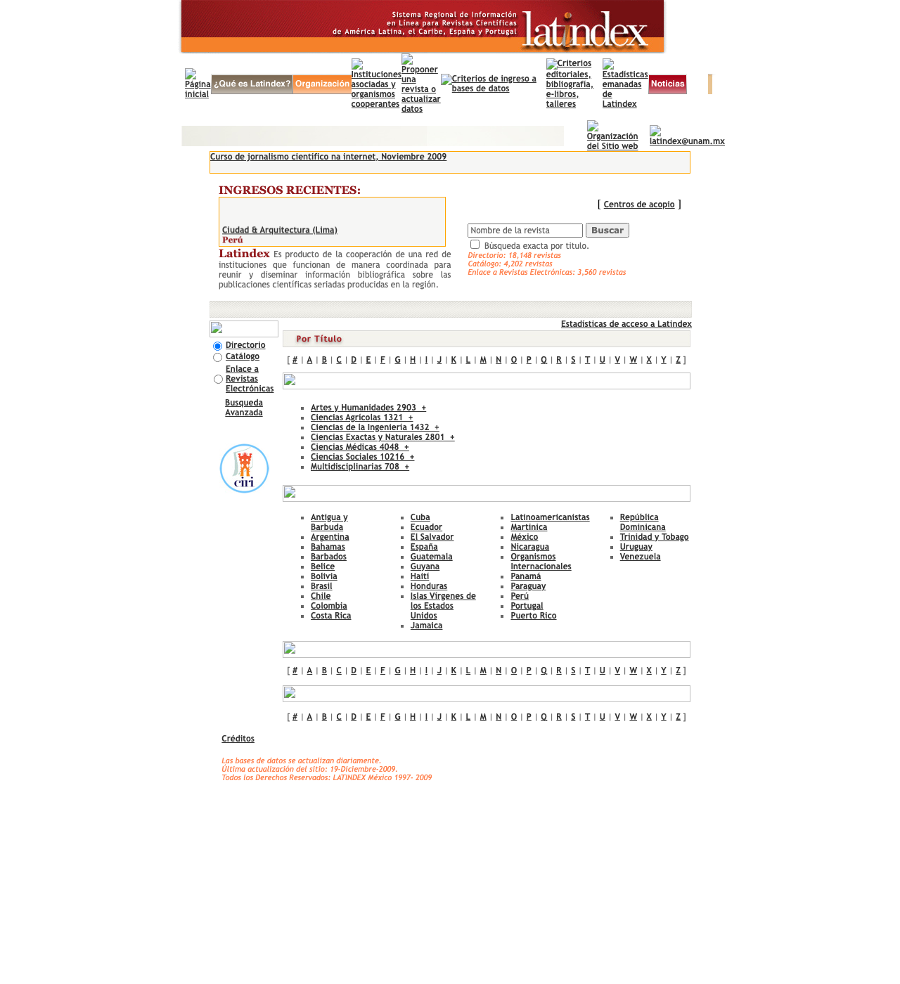 Captura de LATINDEX del 20 de diciembre de 2009