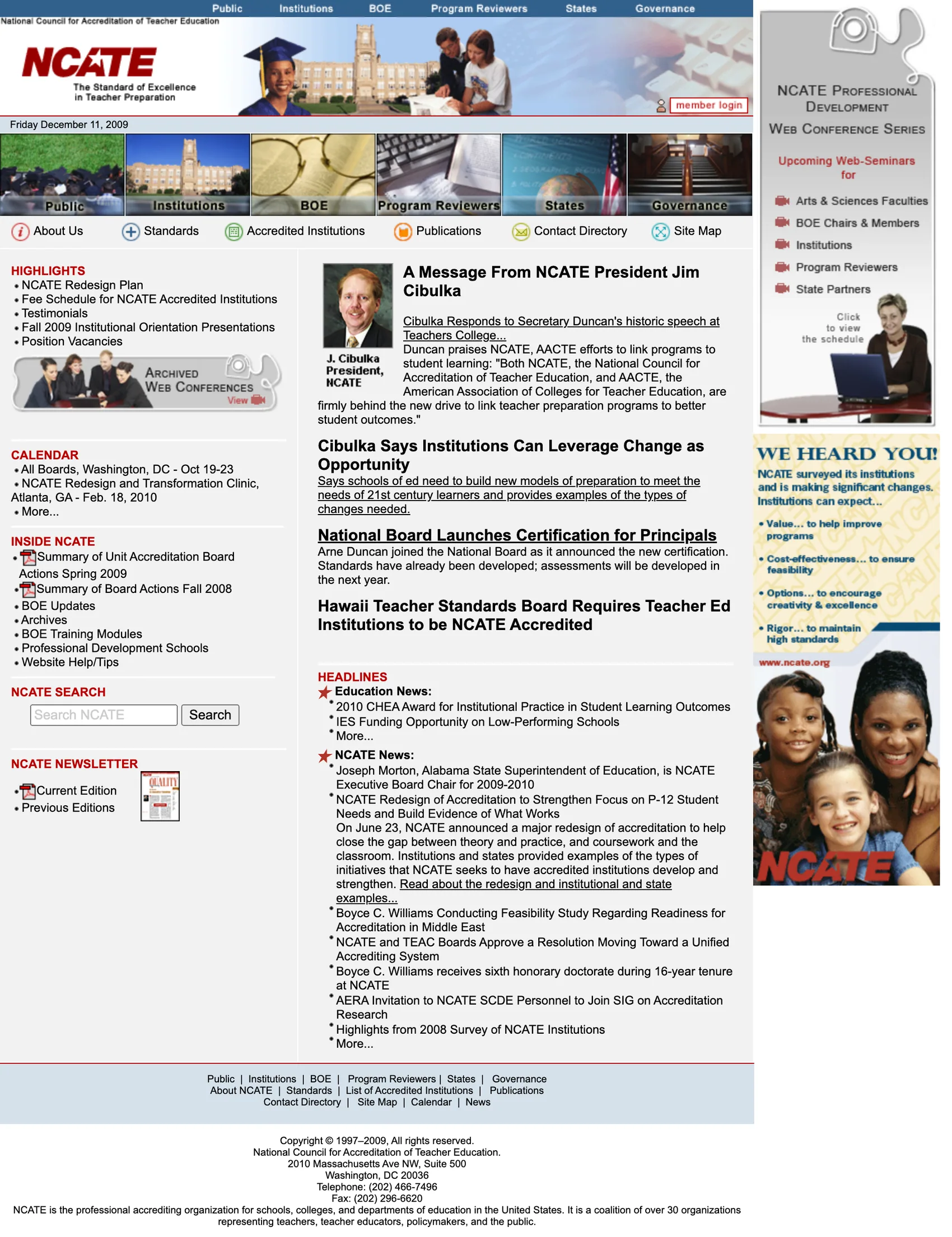 Captura de National Council for the Accreditation of Teacher Education - NCATE del 11 de diciembre de 2009