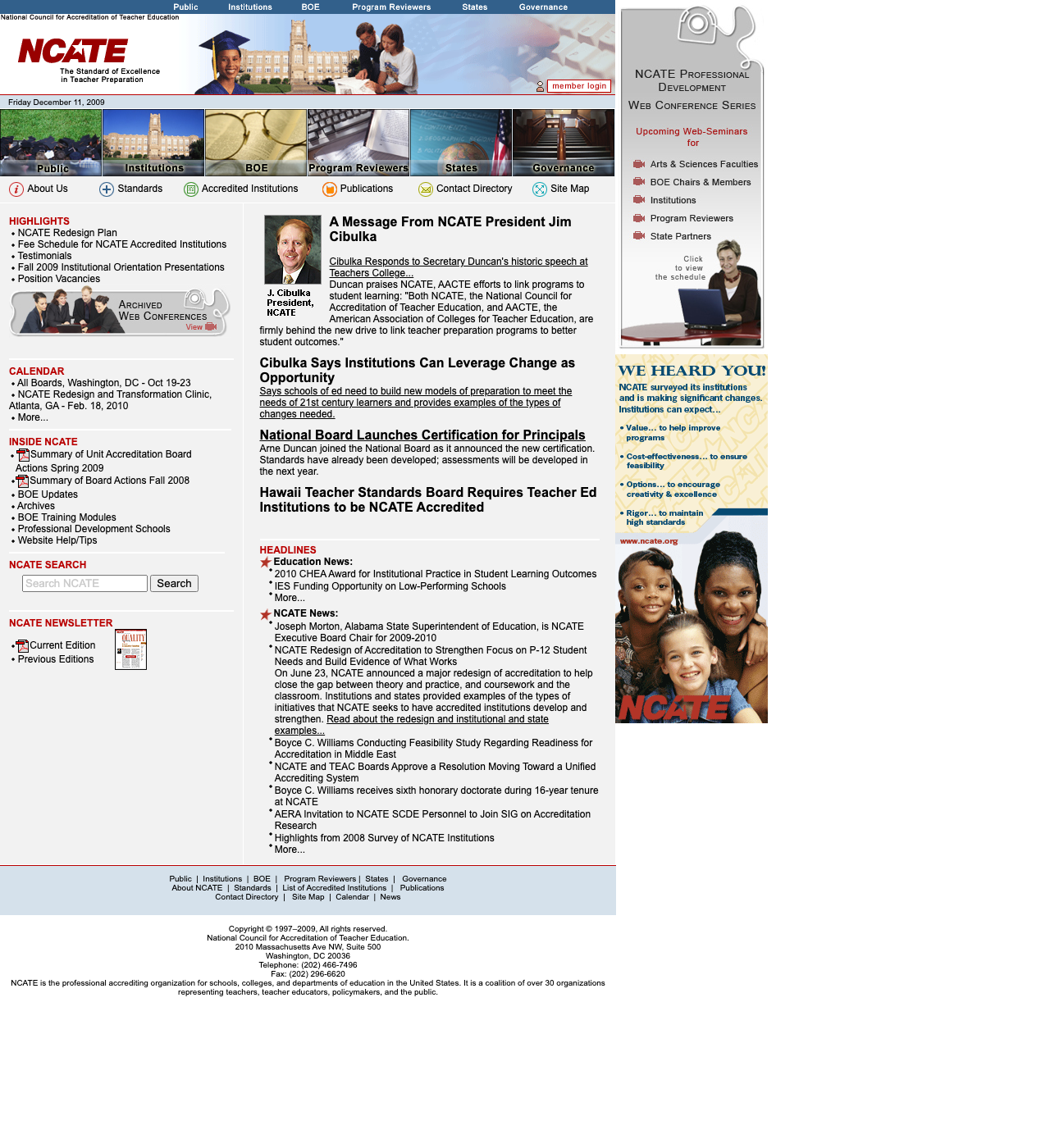 Captura de National Council for the Accreditation of Teacher Education - NCATE del 11 de diciembre de 2009
