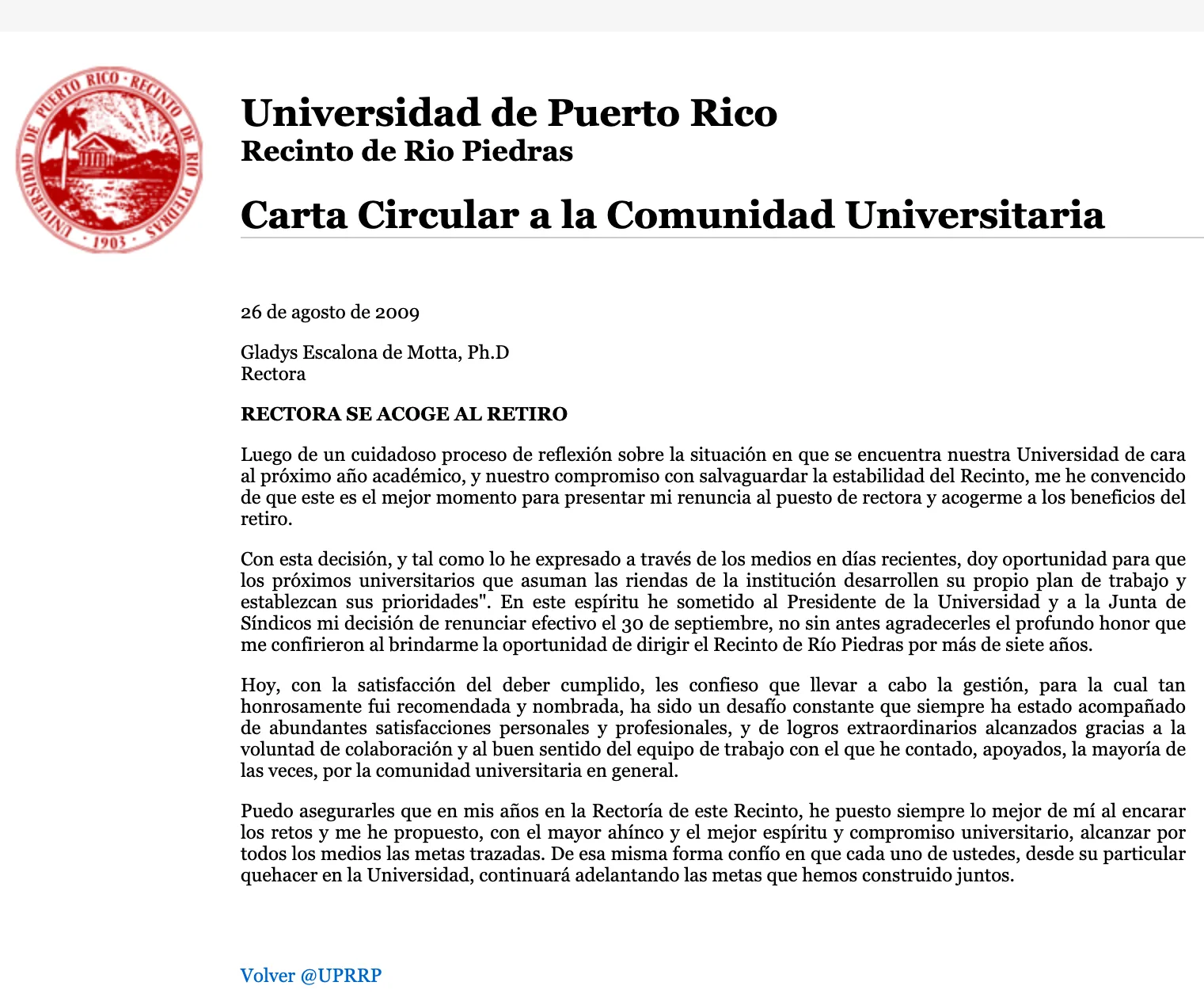 Captura de Comunicado de la Dra. Gladys Escalona a la Comunidad del 1 de septiembre de 2009