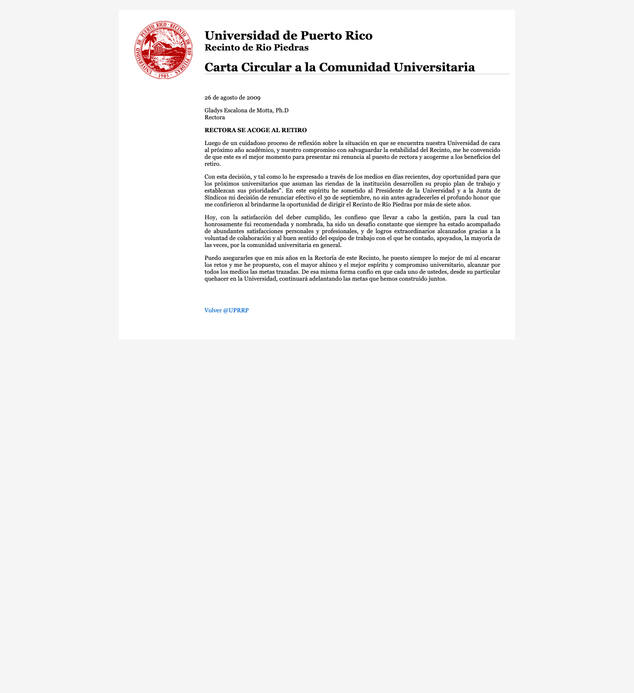 Captura de Comunicado de la Dra. Gladys Escalona a la Comunidad del 1 de septiembre de 2009