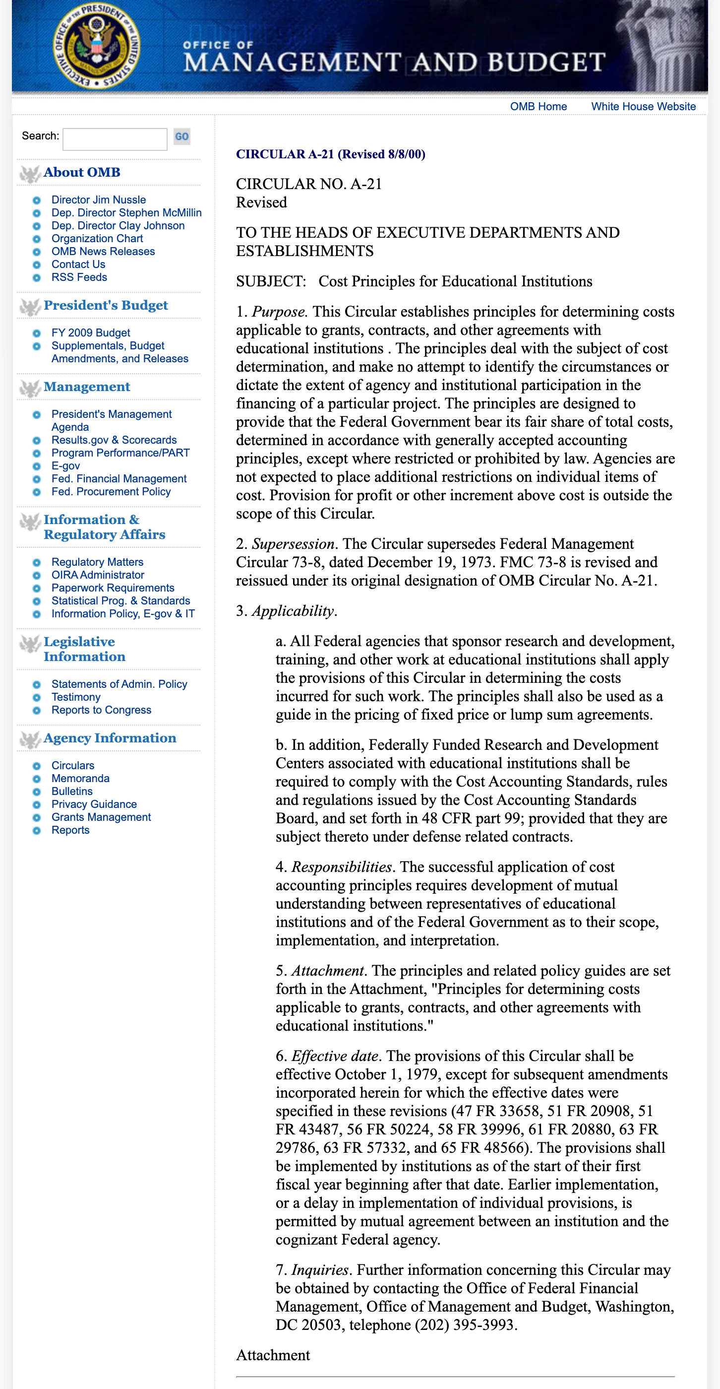 Captura de Circular OMB A-21 Cost Principles del 8 de octubre de 2009