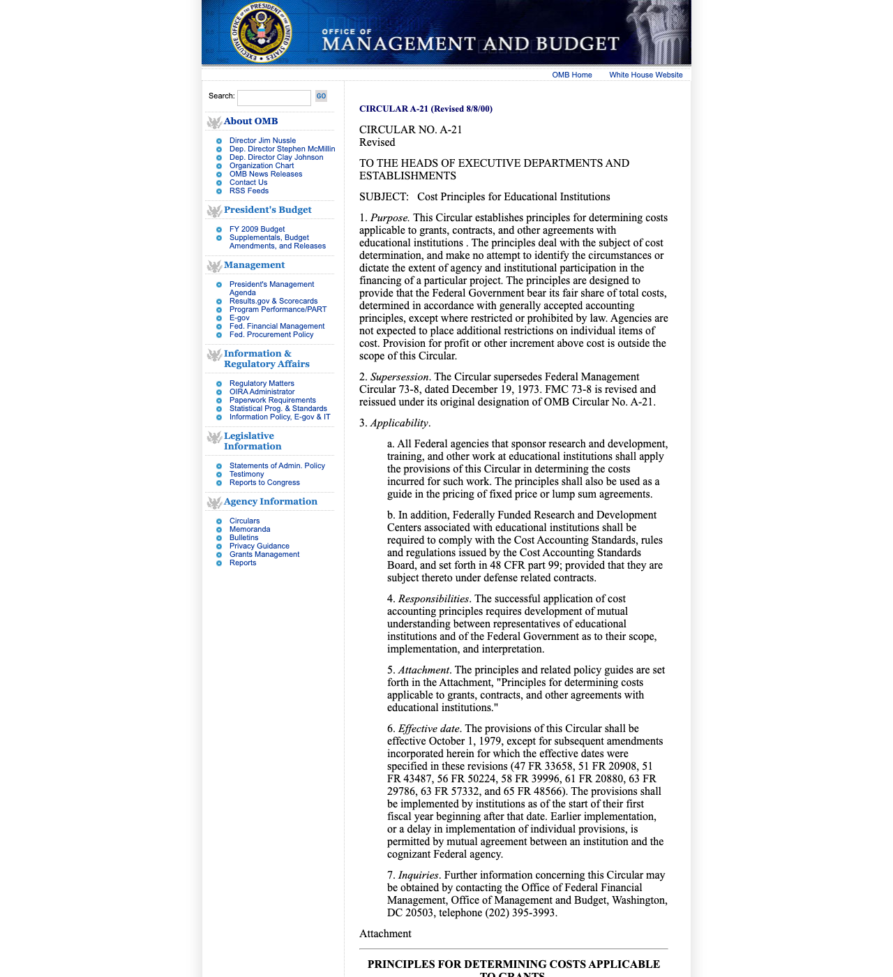 Captura de Circular OMB A-21 Cost Principles del 8 de octubre de 2009