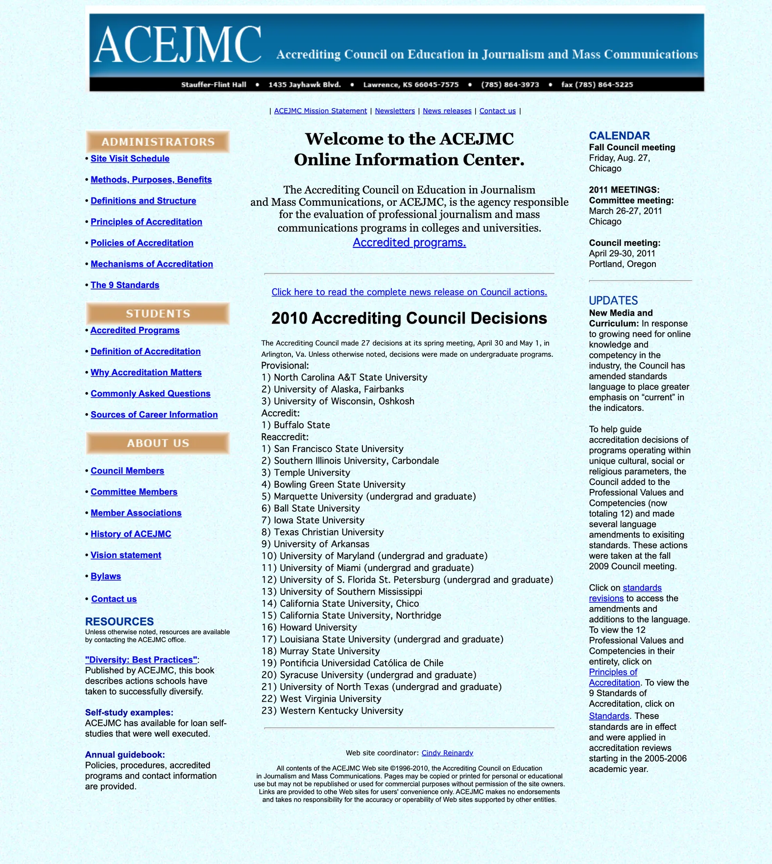 Captura de Accredited Education in Journalism and Mass Communication - CEJMC del 27 de mayo de 2010
